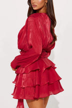 Sheen Flowy Tie Ruched Tiered Mini Dress