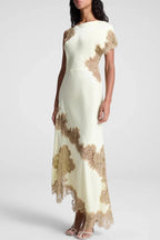Paris Dream Satin Lace Trim Irregular Design Drape Maxi Dress