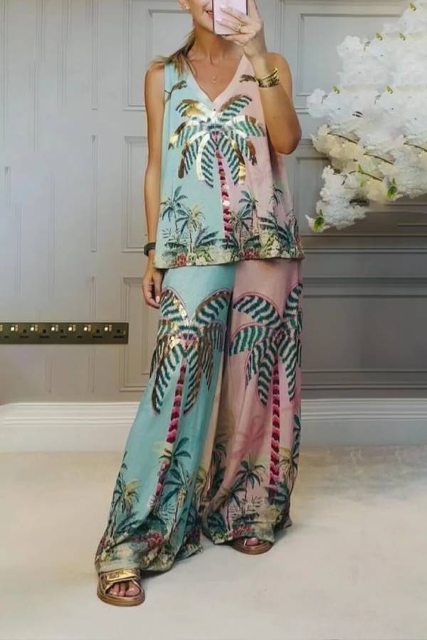 Unique Palm Tree Print Loose Tank Top