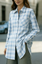 Plaid Print Loose Collar Long Sleeve Pockets Casual Shirt