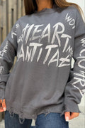 Loose Graffiti Letter Print Mid-Length Knit Sweater