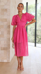 Beautiful square pattern fabric puff sleeve midi