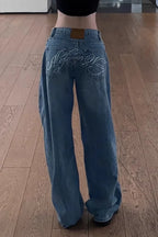 Vintage Rhinestone Letter Print Wide Leg Jeans