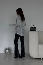 Sequin Collared Long Sleeve Sexy Glamorous Blouse