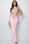 Vincas Embroidered Neck Sequin Maxi Dress