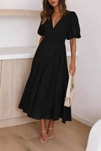 V-neck Puff Sleeve Elastic Waist Tiered Maxi Dress