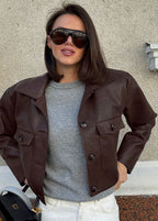Nora Cropped Faux Leather Jacket – Structured Button-Down with Utility Pockets