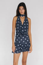 Polka Dot Mesh Deep V Mini Dress