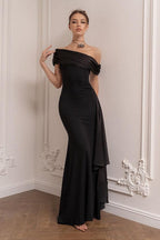 Black One Shoulder Flowy Sleeve Formal Dress