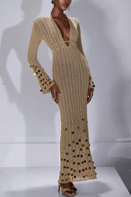 Stylish V-neck Flared Long-sleeved Knit Sequined Maxi Dress