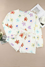 White Floral Print Henley Top & Drawstring Shorts Loungewear Set