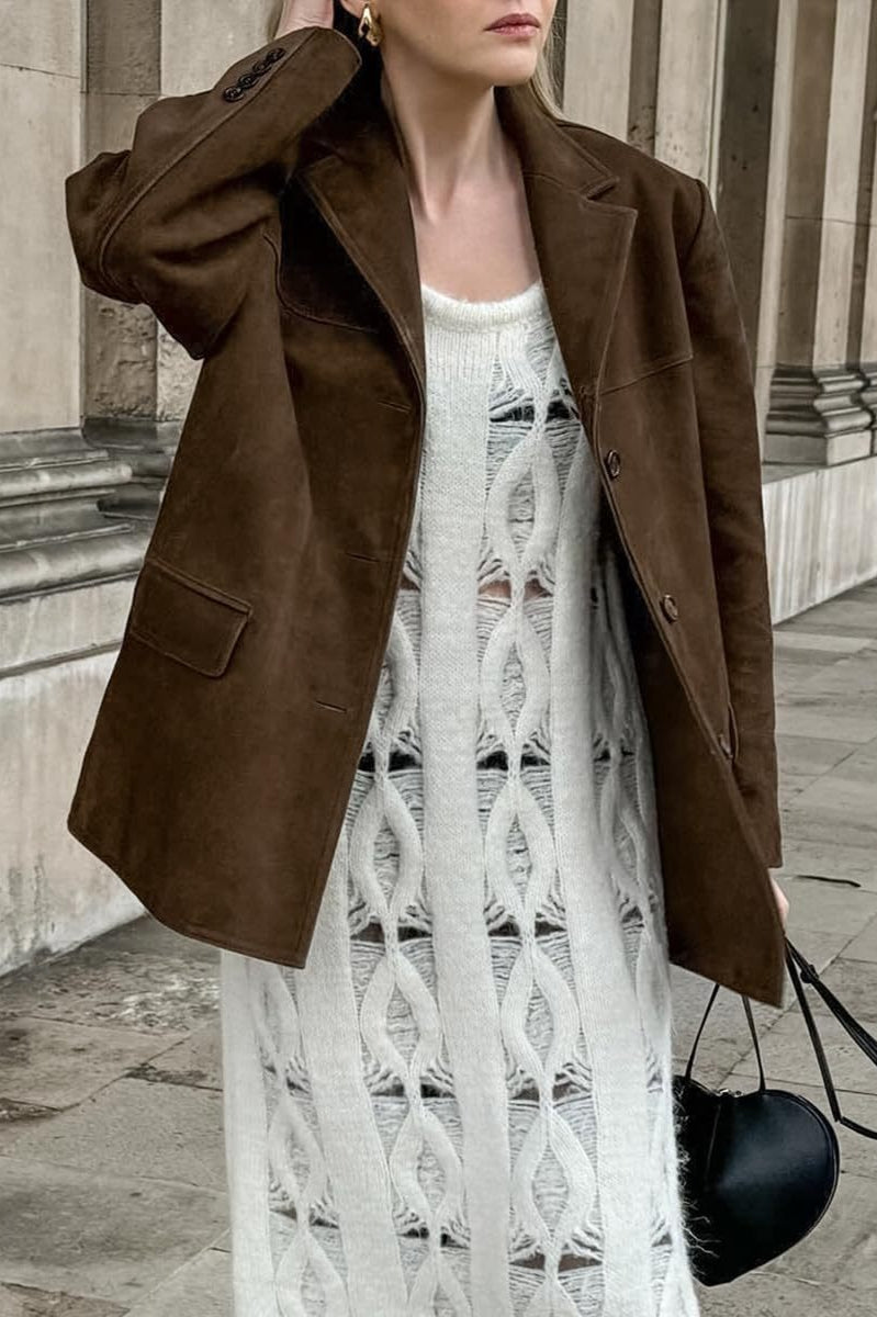 Retro Brown Faux Suede Blazer Jacket