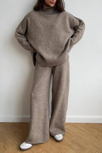 High-neck loose-fitting knit sweater and wide-leg pants two-piece set