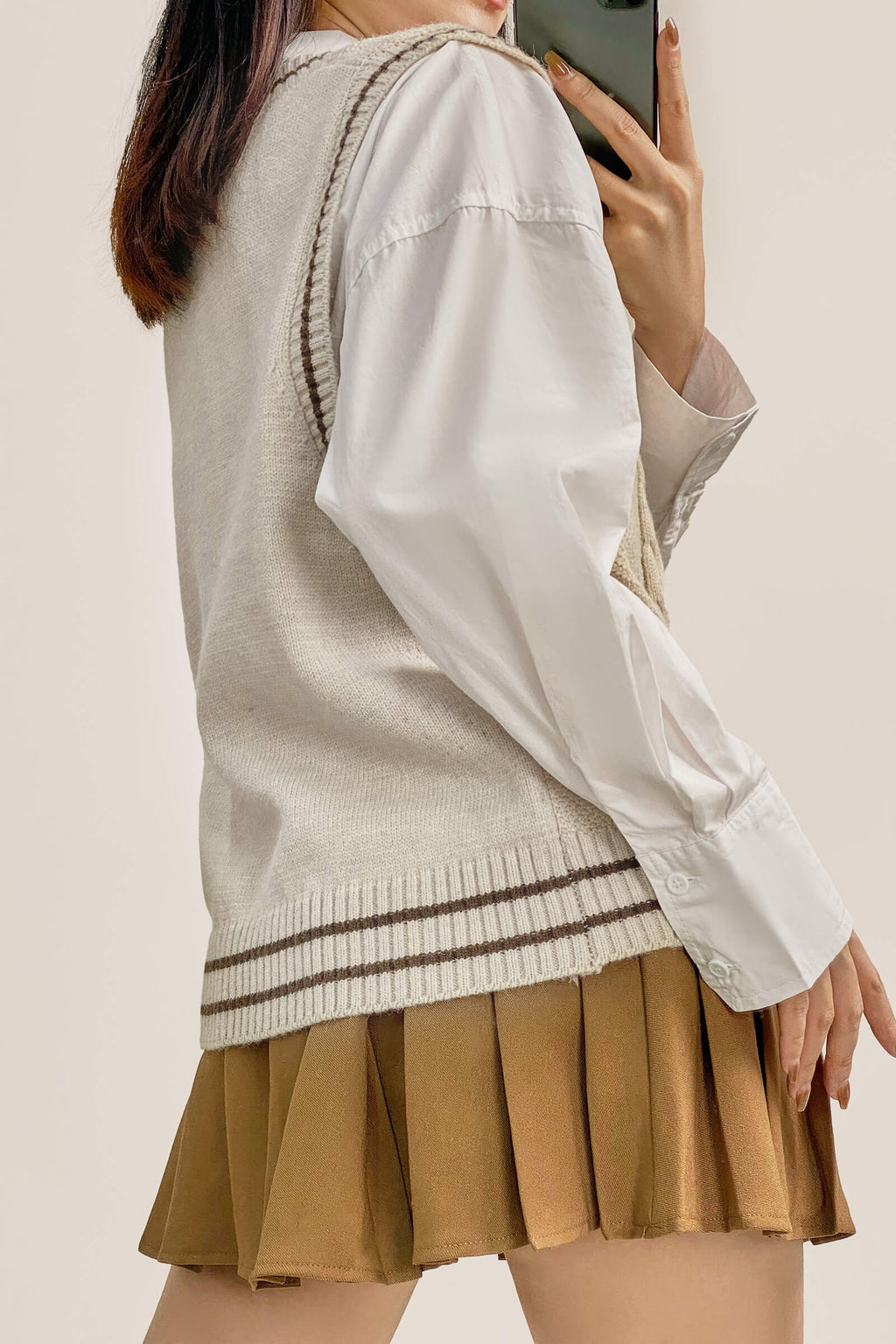 Ivory Cable Knit Striped Trim Sweater Vest