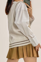 Ivory Cable Knit Striped Trim Sweater Vest