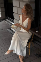 Chic Solid Draped Neck Luxury Satin Formal Dress