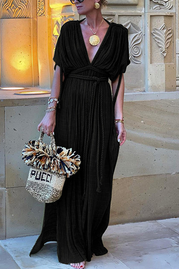 Rich style linen blend pleated plait kimono concealer slit skirt