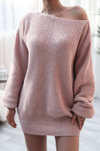 Ribbed Knit Boat Neck Long Sleeve Loose Mini Dress