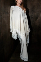 Like A Swan Lace Trim Off Shoulder Cape Top and Elastic Waist Draped Maxi Skirt Set