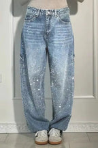 Allover Rhinestone Washed Wide Leg Jeans
