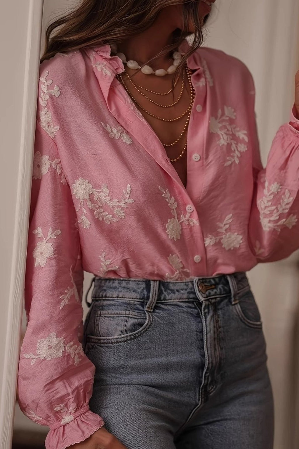 Printed Collared Lantern Sleeve Elegant Long Sleeve Blouse