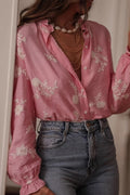 Printed Collared Lantern Sleeve Elegant Long Sleeve Blouse