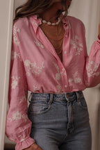 Printed Collared Lantern Sleeve Elegant Long Sleeve Blouse