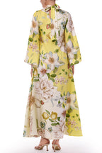 Serene Refinement Color-block Floral High Neck Long Sleeve Fluid Kaftan Maxi Dress