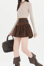 Plaid Bubble A-line Khaki Short Skirt