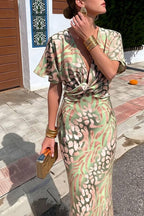 Satin Leopard Twist Front Deep V Bodycon Maxi Dress