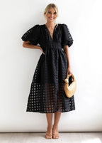 Beautiful square pattern fabric puff sleeve midi