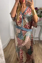 Harlen Satin Unique Printed Loose Shirt Top and Elastic Waist Maxi Skirt Set