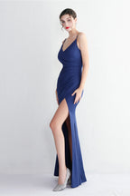 Long Satin Slit Halter Sheath Formal Dress