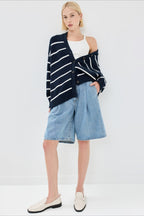 Cotton Stripe V Neck Cardigan