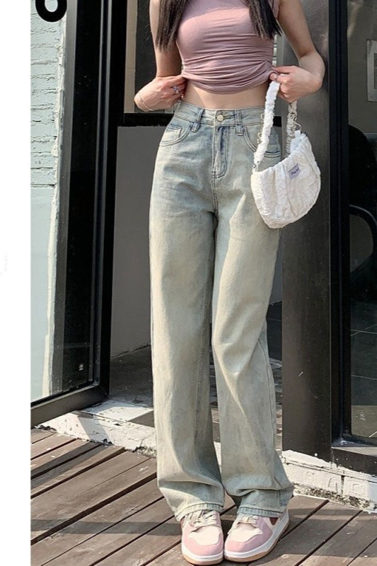 High Waist Light Wash Wide Leg Straight Floor Length Jeans