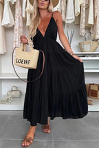 Bohemian Style V-neck Backless Slip Layered Vacation Maxi Dress