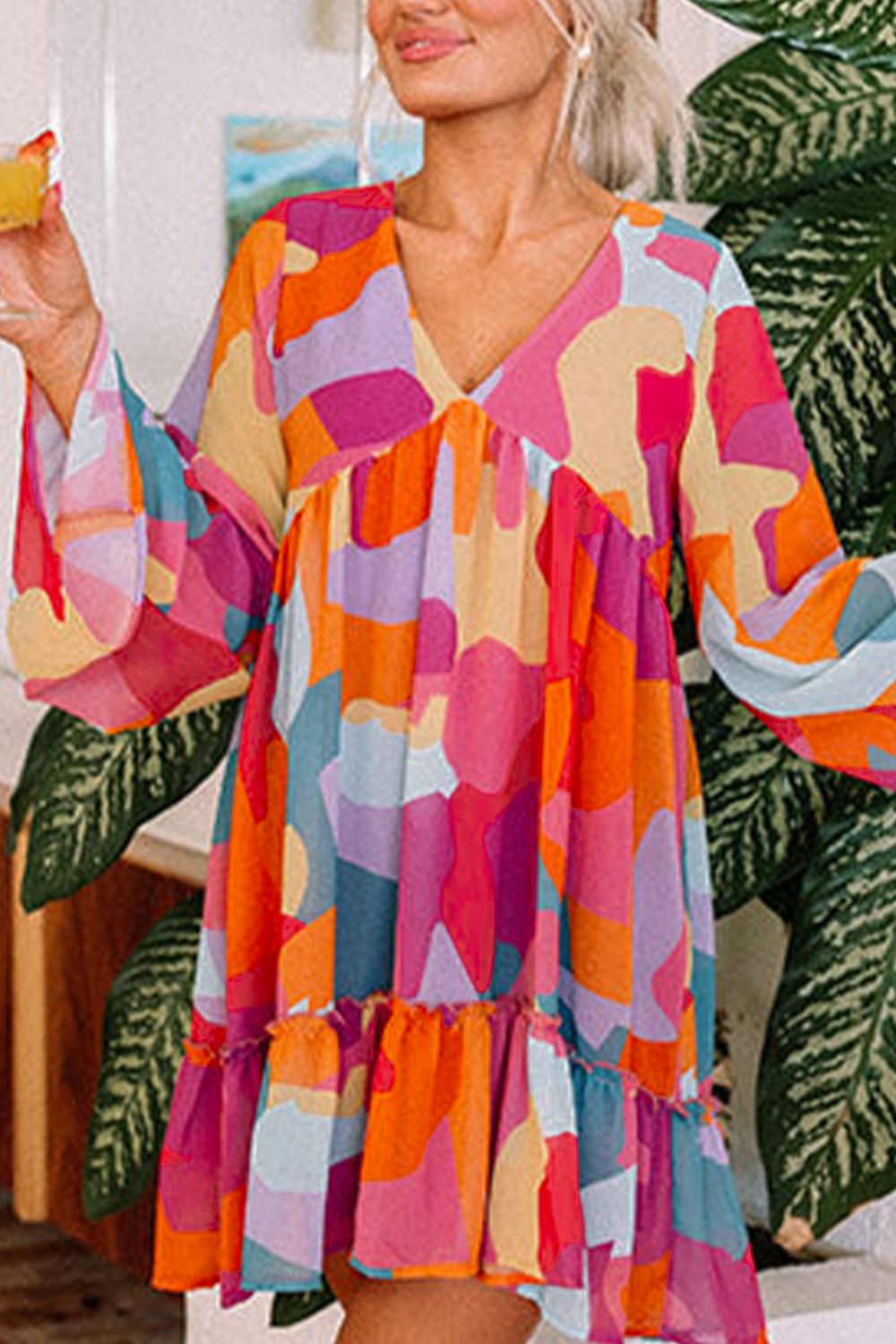 Laura Effortless Long Sleeve Mini Dress with Ruffle Hem and Color Block V Neck Statement Occasion Edit