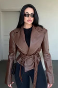 Sexy Fitted Leather V-Neck Tie-Waist Jacket