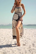 Strapless Shell Print Waist-Cinched Side Slit Maxi Dress