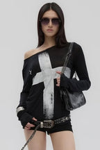 Cross Print Asymmetrical TShirt