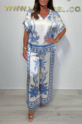V-neck Short Sleeve Botanical Print Satin Wide-Leg Pants Set