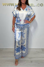 V-neck Short Sleeve Botanical Print Satin Wide-Leg Pants Set