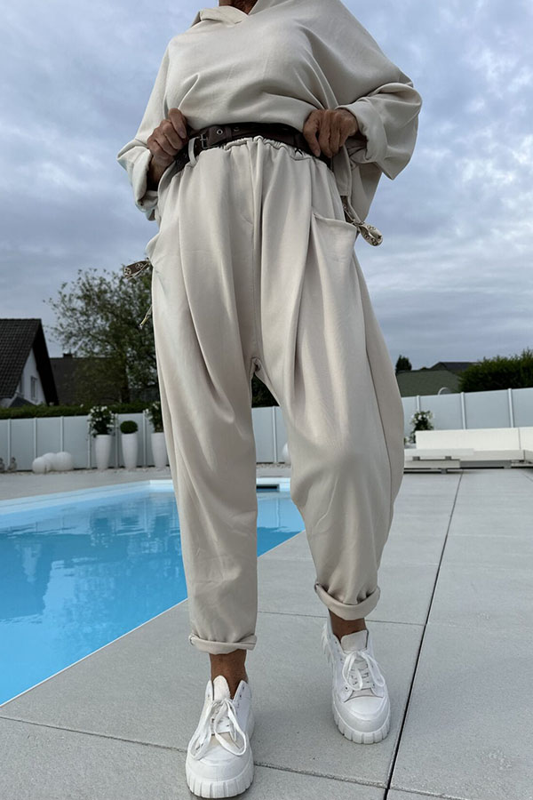 Solid Color Loose Hooded Sweatshirt and Elastic Waist Pocket Pants Set