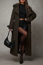 Wool Double Breasted Lapel Tie Long  Overcoat