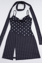 Halter Polka Dot Asymmetric Slit Mini Dress