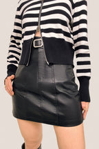 Black Vegan Leather Belted High Rise A-Line Mini Skirt