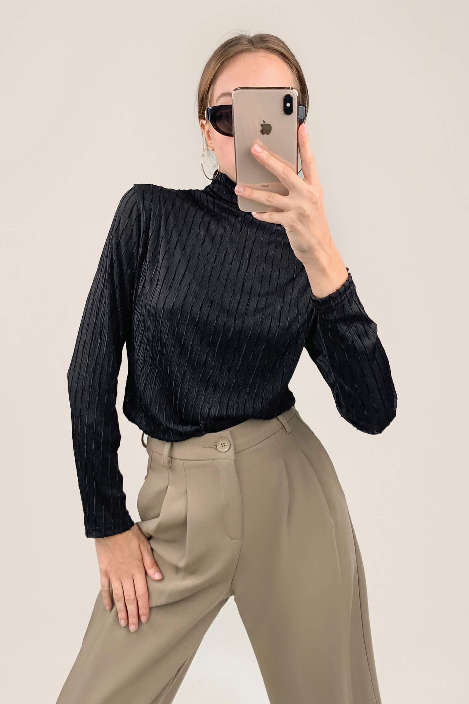 Black Textured Striped Turtleneck Top