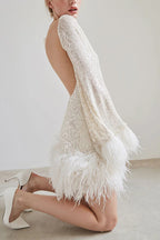 Stylish Sequined Feather Long-sleeved Sexy Backless Mini Dress