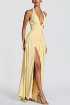 Amaris Halter Tie-up V-neck Ruched Detail Back Lace-up Slit Drape Maxi Dress