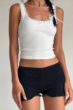 Y2K Solid Casual Low Waist Plaid Ruffle Shorts